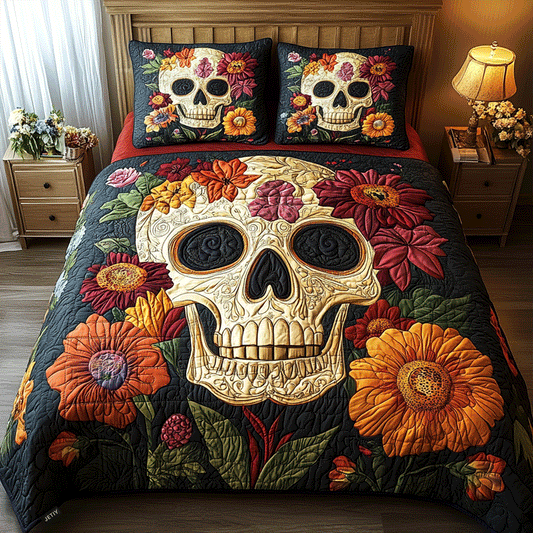 Floral Skull Charm 3-Piece Quilted Bedding Set - Single (59" x 70")