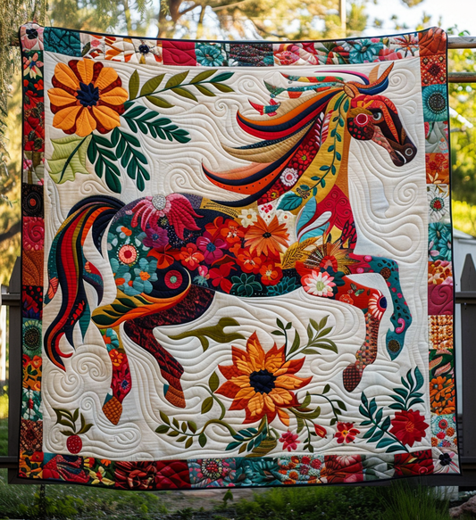 Floral Horse Charm Quilted Blanket - Throw (55" x 60")