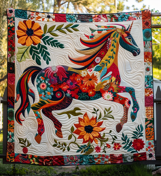 Floral Horse Quilted Blanket - Throw (55" x 60")