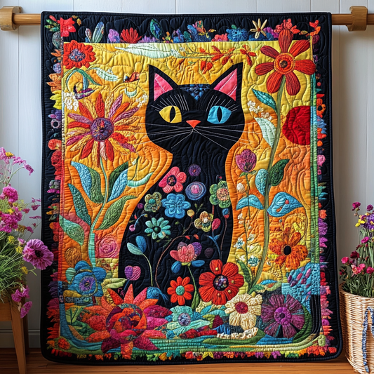 Floral Colorful Cats Quilted Blanket - Throw (55" x 60")