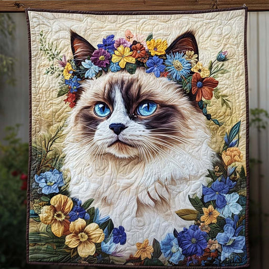 Floral Crown Cat Quilted Blanket - Throw (55" x 60")