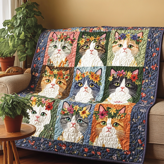Floral Crown Kitties Quilted Blanket - Throw (55" x 60")