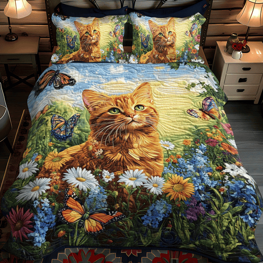 Floral Daisy Cat 3-Piece Quilted Bedding Set - Single (59" x 70")