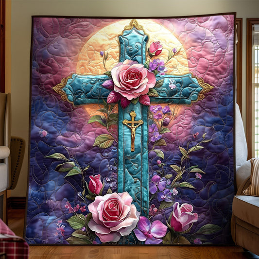 Floral Faith Cross Quilted Blanket - Throw (55" x 60")