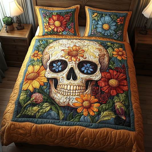 Floral Fiesta Skull 3-Piece Quilted Bedding Set - Single (59" x 70")