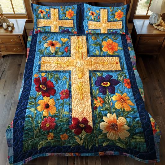 Floral Patchwork Cross 3-Piece Quilted Bedding Set - Single (59" x 70")