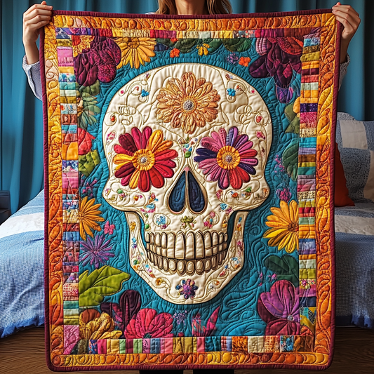 Floral Skull Charm Quilted Blanket - Throw (55" x 60")