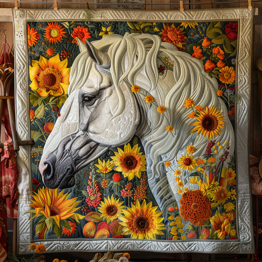 Floral Sunflower Horse Quilted Blanket - Throw (55" x 60")