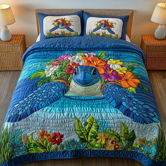 Floral Turtle 3-Piece Quilted Bedding Set - Single (59" x 70")