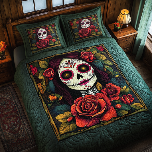 Flower Crown Skull 3-Piece Quilted Bedding Set - Single (59" x 70")