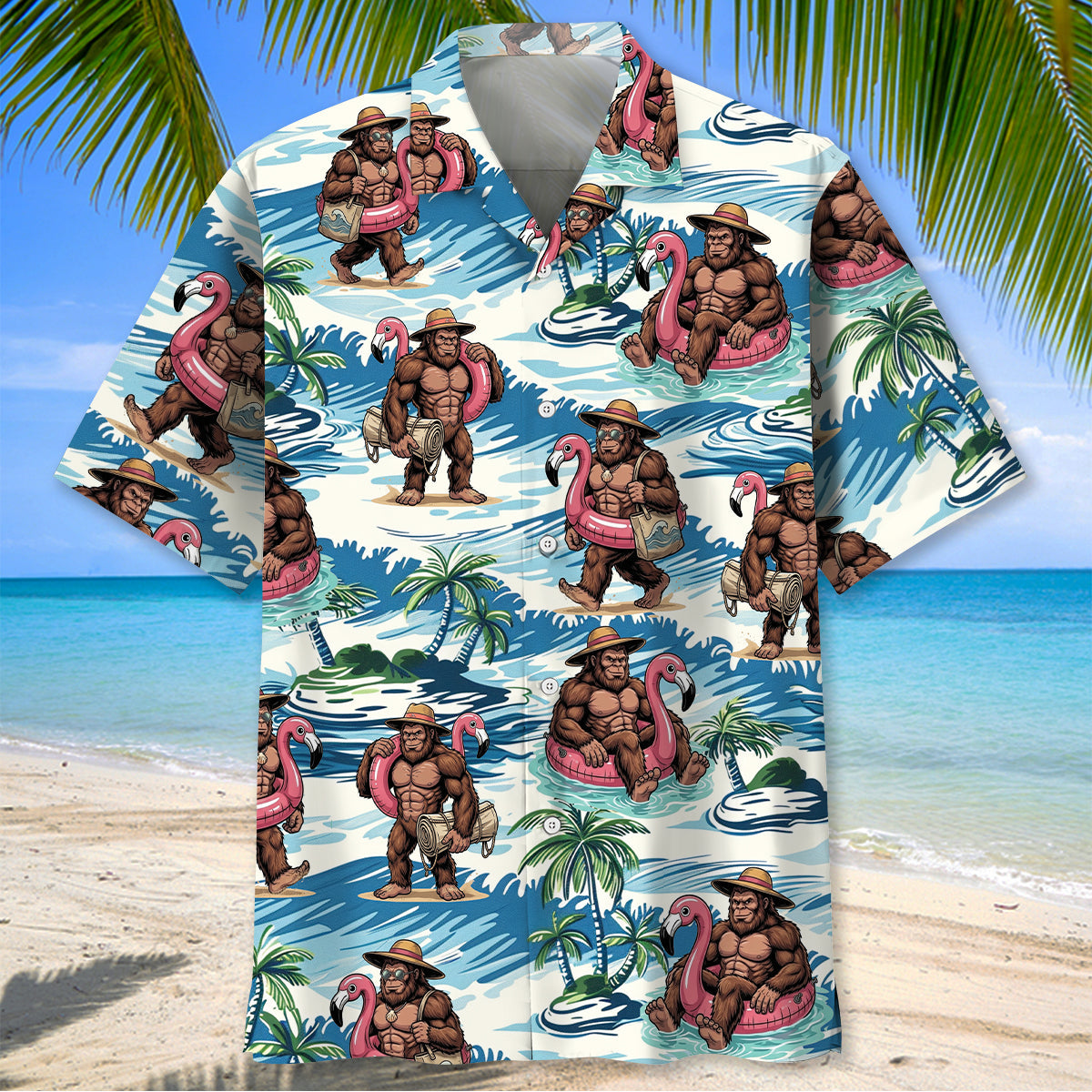 Funny Bigfoot Flamingo Float Vacation Hawaiian Shirt - M - hawaiian shirt