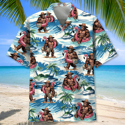 Funny Bigfoot Flamingo Float Vacation Hawaiian Shirt - M - hawaiian shirt
