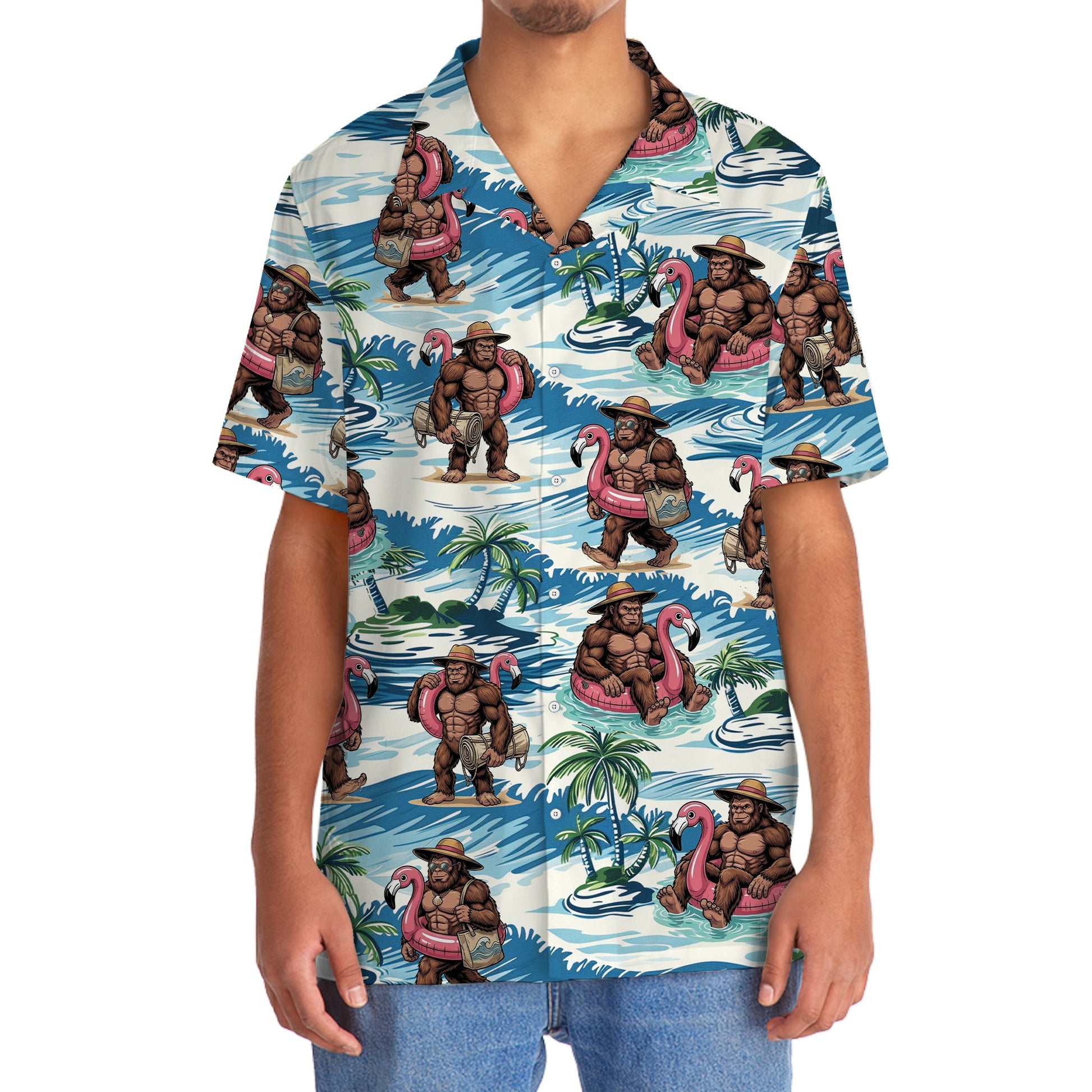 Funny Bigfoot Flamingo Float Vacation Hawaiian Shirt - 2XL - hawaiian shirt