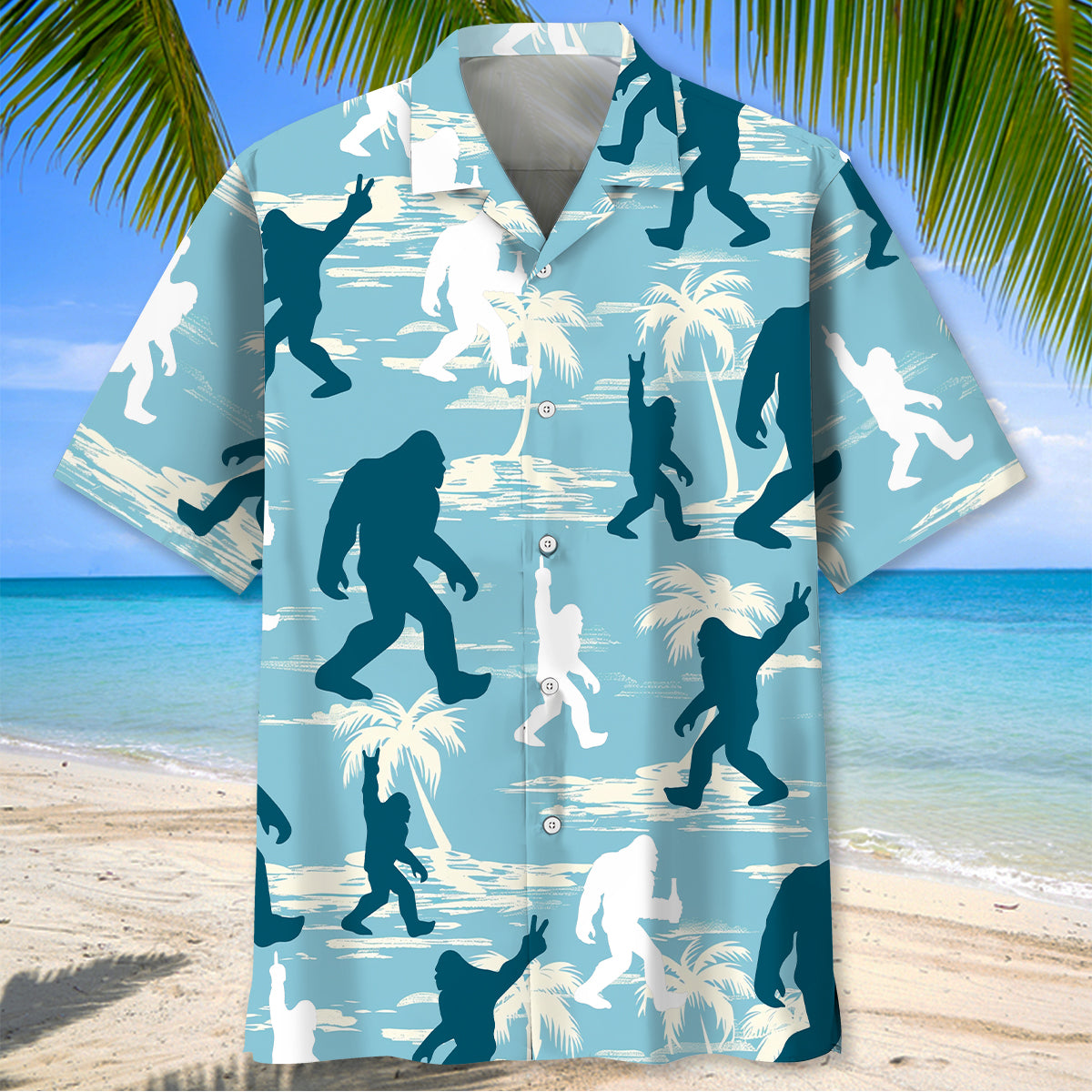 Funny Bigfoot Light Blue Silhouette Hawaiian Shirt - M - hawaiian shirt