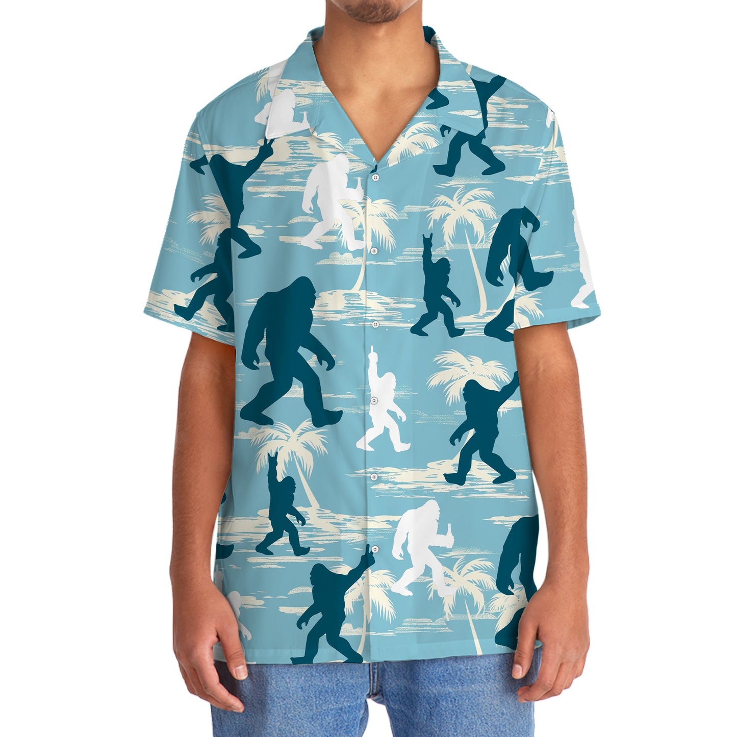 Funny Bigfoot Light Blue Silhouette Hawaiian Shirt - 2XL - hawaiian shirt