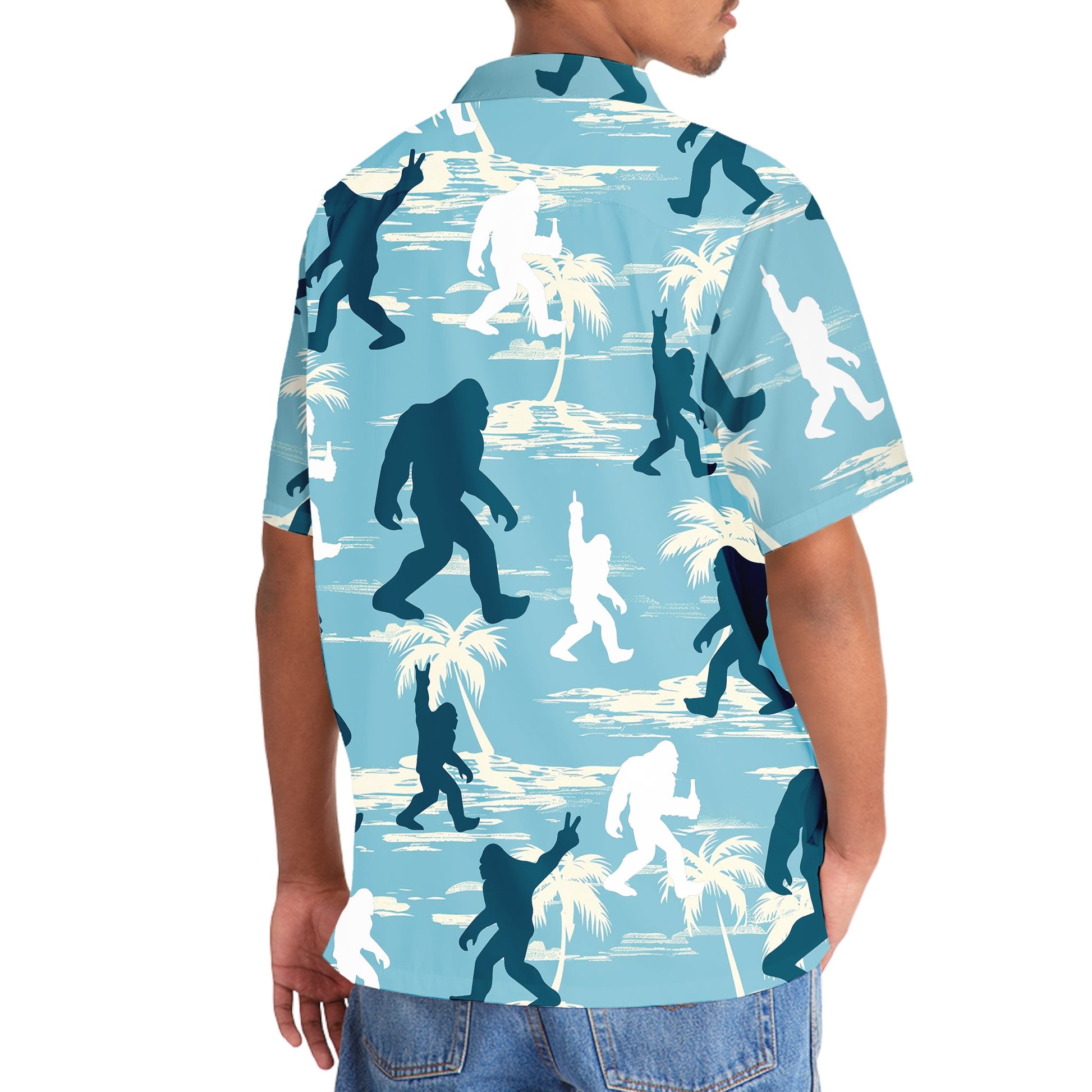 Funny Bigfoot Light Blue Silhouette Hawaiian Shirt - 3XL - hawaiian shirt