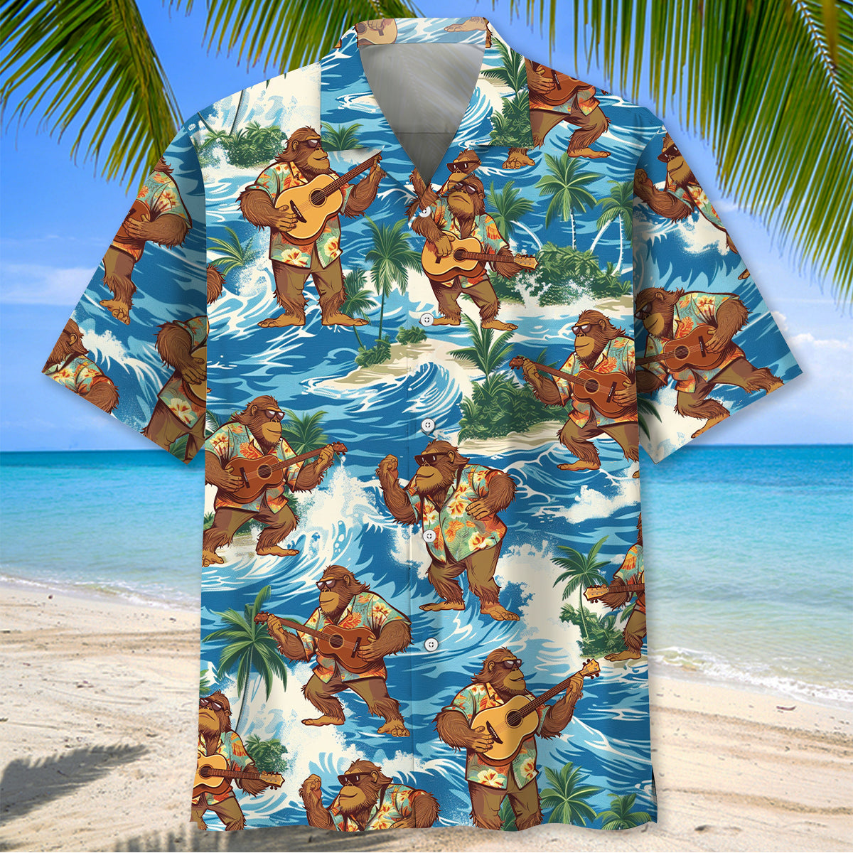 Funny Bigfoot Play Ukulele Hawaiian Shirt - M - hawaiian shirt