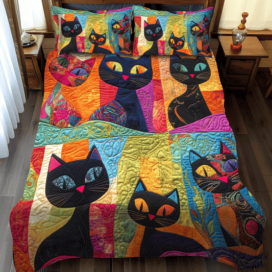 Funny Cat Patchwork 3-Piece Quilted Bedding Set - Single (59" x 70")