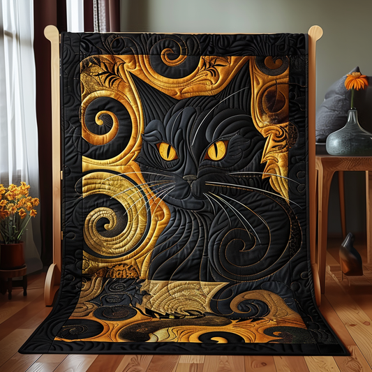 Golden Black Cat Quilted Blanket - Throw (55" x 60")