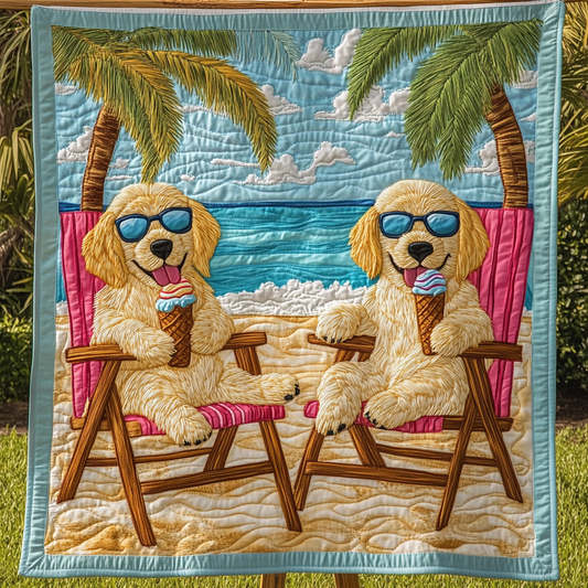 Golden Paws on a Sandy Beach Quilted Blanket - Throw (55" x 60")