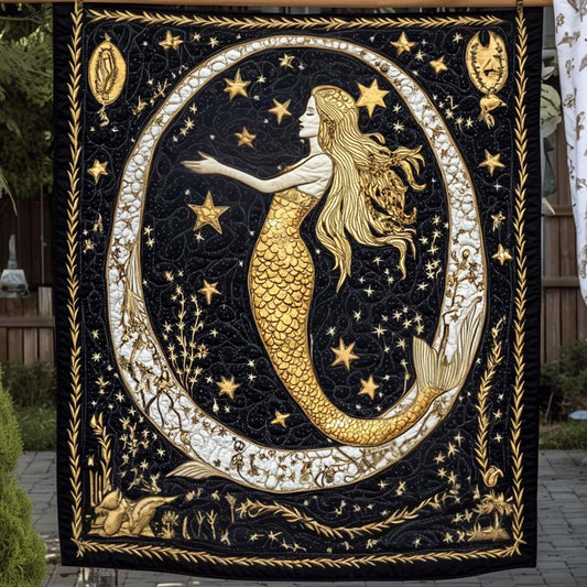 Golden Starry Mermaid Quilted Blanket - Throw (55" x 60")