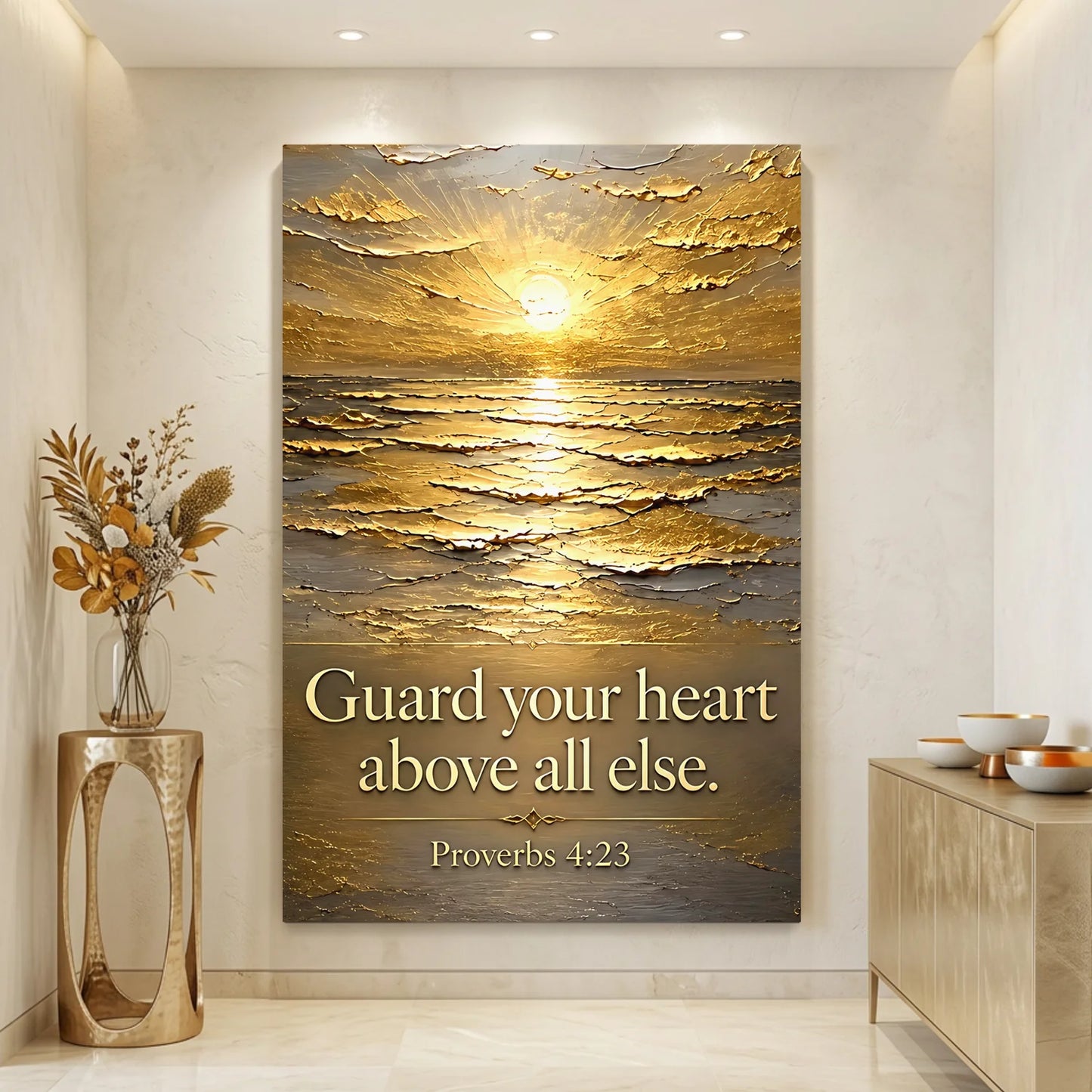 Decorative wall art with sunset over water and 'Guard your heart above all else' quote in a modern room.