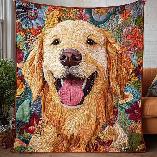 Happy Golden Retriever Quilted Blanket - Throw (55" x 60")