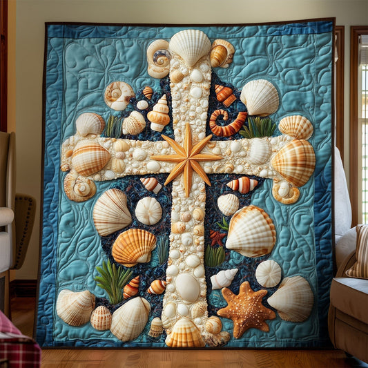 Heavenly Seashells Cross Quilted Blanket - Throw (55" x 60")