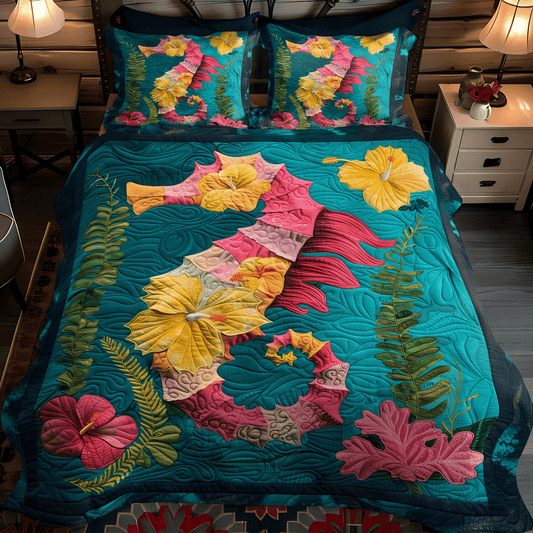 Hibiscus Seahorse 3-Piece Quilted Bedding Set - Single (59" x 70")