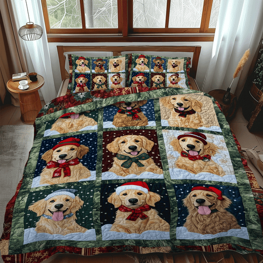 Holiday Golden Pups 3-Piece Quilted Bedding Set - Single (59" x 70")