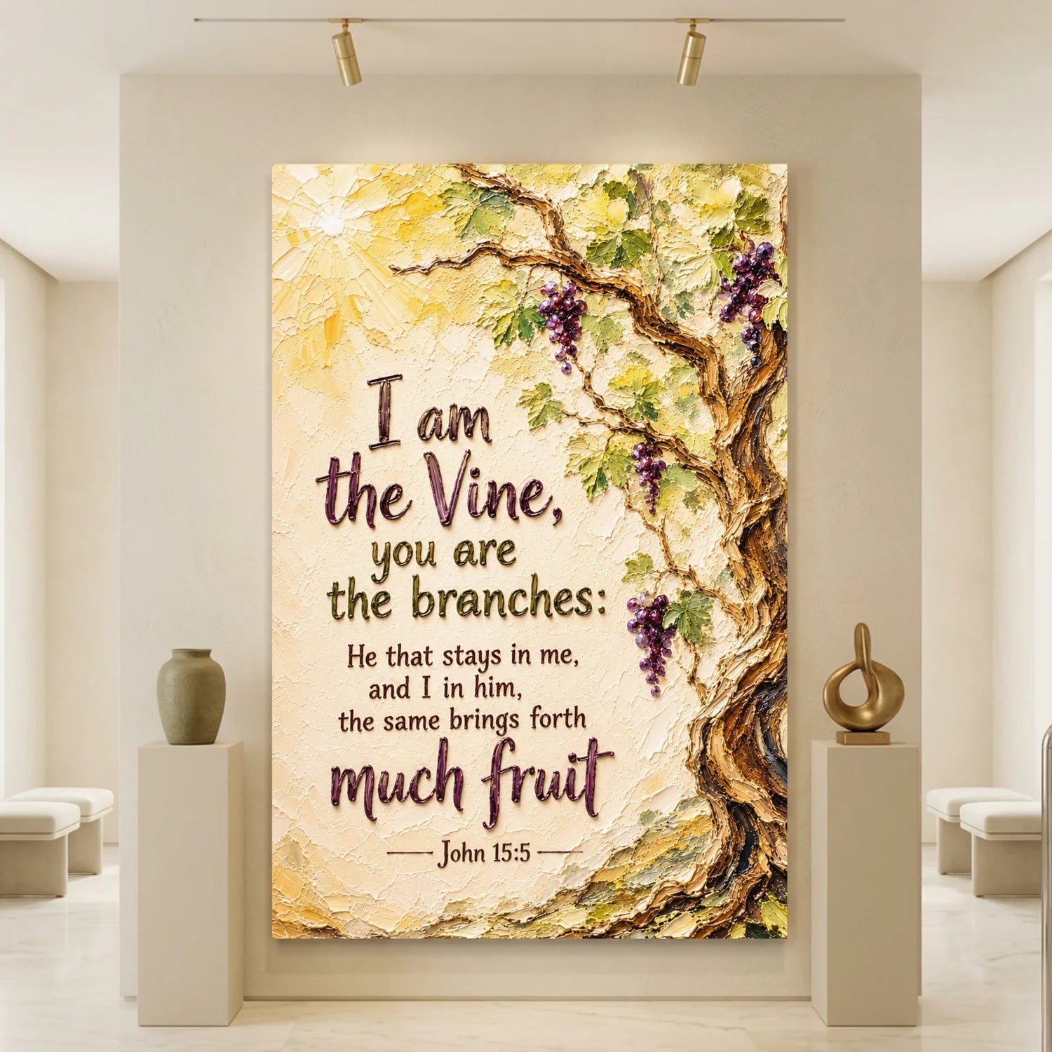 Decorative wall art with vine and branches design and Bible verse in a modern interior setting.