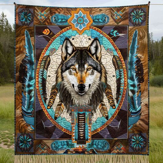 Indigenous Wolf Quilted Blanket - Throw (55" x 60")