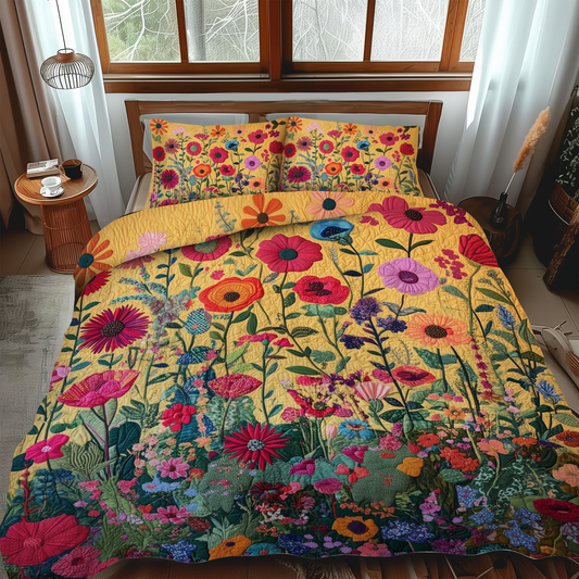 Kaleidoscopic Flowers 3-Piece Quilted Bedding Set - Single (59" x 70")