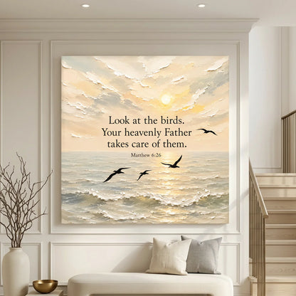 Framed artwork with a sunset over water and birds, featuring a religious quote, in a living room setting. Look At The Birds Your Heavenly Father Takes Care Of Them - Matthew 6:26