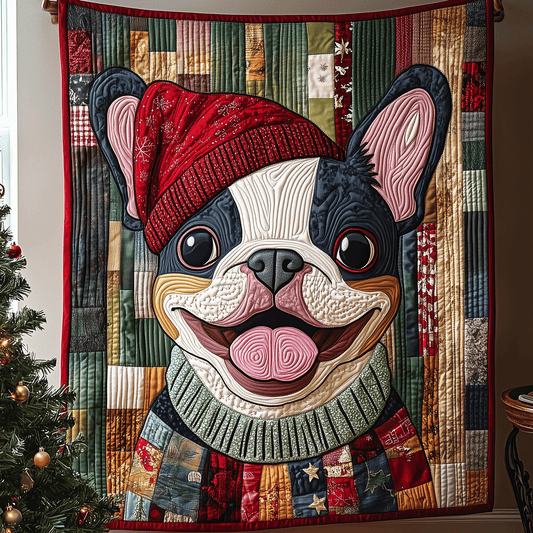 Merry Frenchie Vibes Quilted Blanket - Throw (55" x 60")