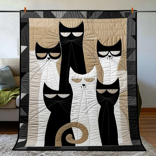 Monochrome Cats Quilted Blanket - Throw (55" x 60")