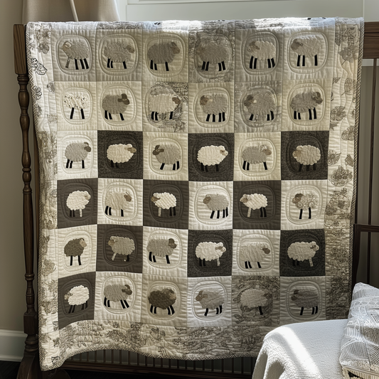 Monochrome Sheep Meadow Quilted Blanket - Throw (55" x 60")