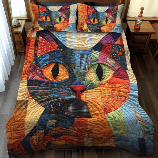 Multicolored Cats 3-Piece Quilted Bedding Set - Single (59" x 70")