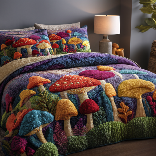 Mushroom Magic 3-Piece Quilted Bedding Set - Single (59" x 70")