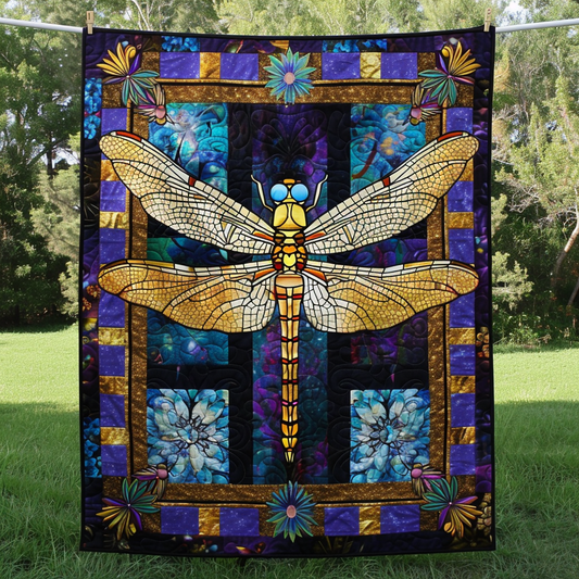 Mystical Emerald Whisper Dragonfly Quilted Blanket - Throw (55" x 60")