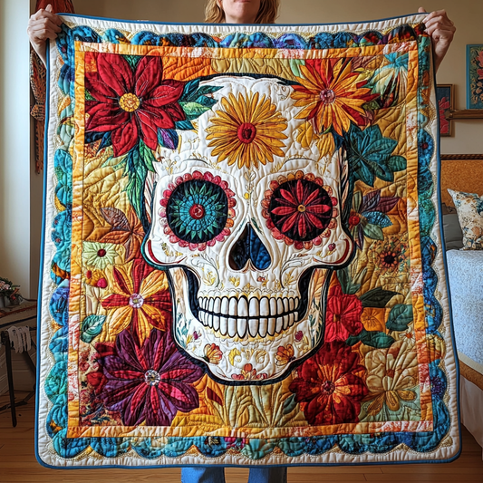 Mystical Floral Skull Quilted Blanket - Throw (55" x 60")