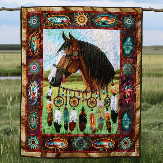 Native American Feather Horse Quilted Blanket - Throw (55" x 60")