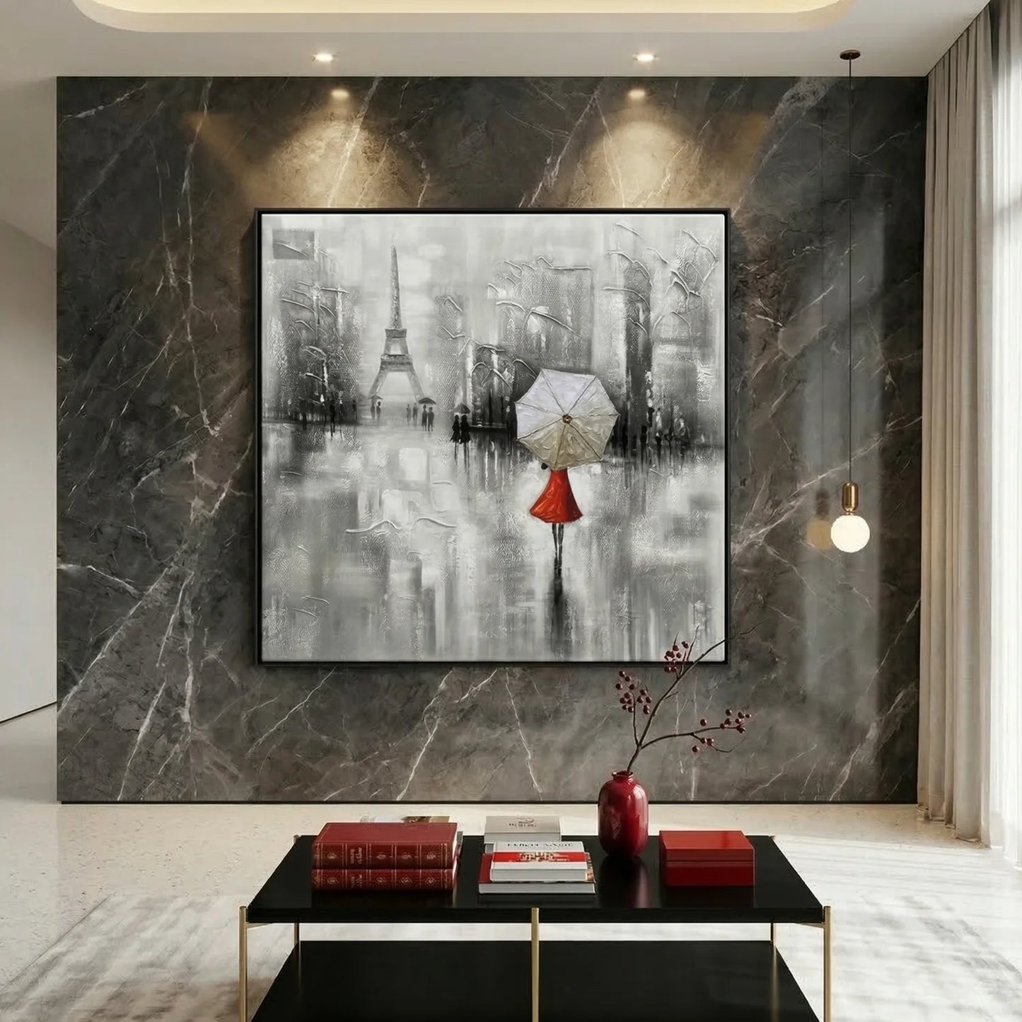 Modern living room with a large abstract painting of the Eiffel Tower on a marble wall.