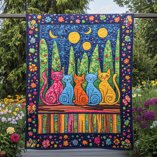 Night Charming Cat Quilted Blanket - Throw (55" x 60")