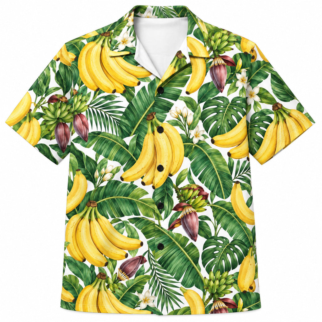Banana Tropical Hawaiian Shirt Green Leaf Button Up Shirt Summer Beach Vacation Wear