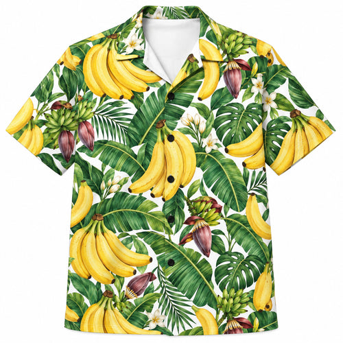 Banana Tropical Hawaiian Shirt Green Leaf Button Up Shirt Summer Beach Vacation Wear