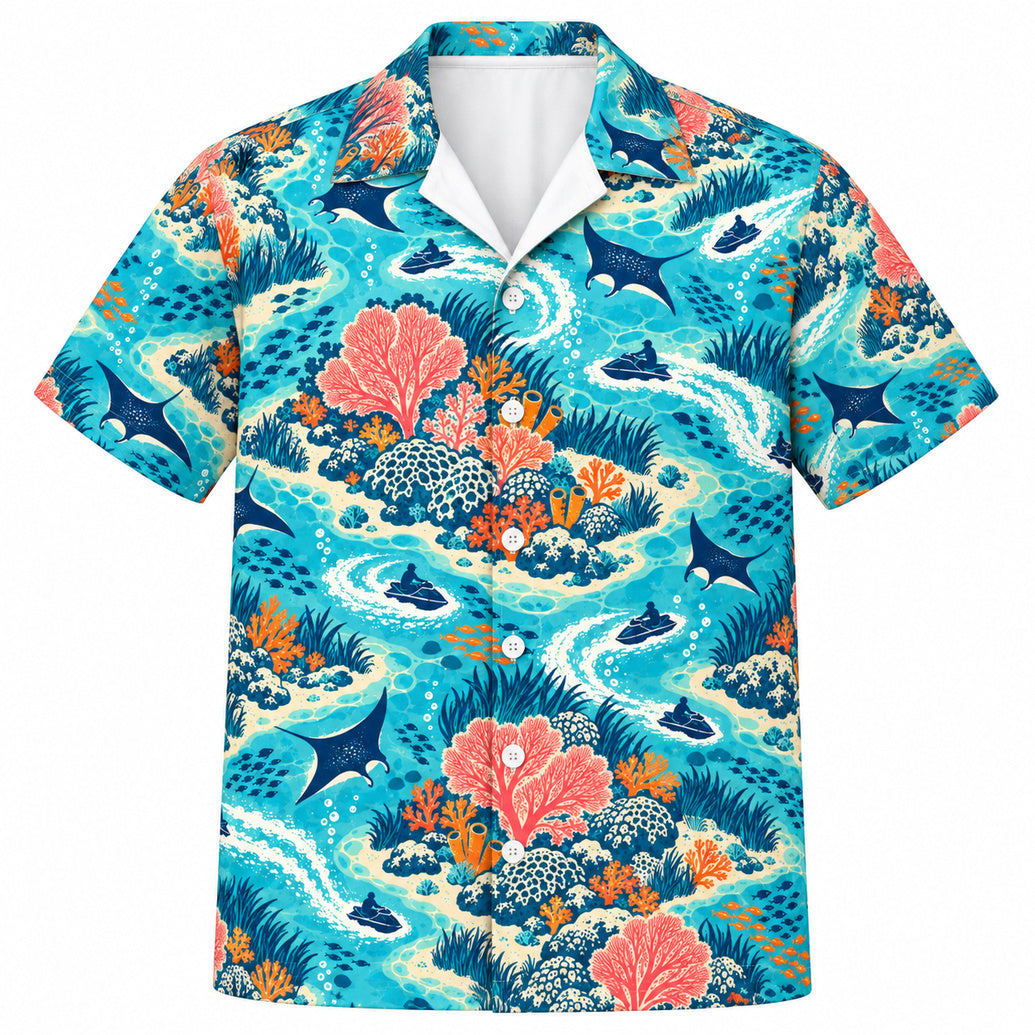 Coral Reef Jet-Ski Silhouettes Hawaiian Shirt