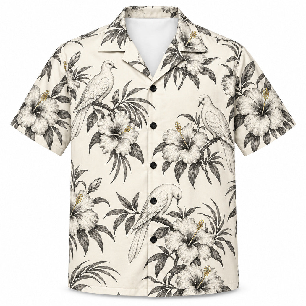 Ivory Dove Botanical Etching Hawaiian Shirt