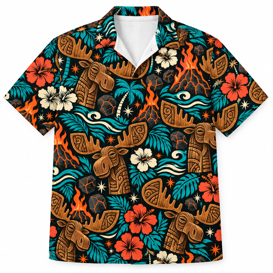 Volcanic Moose Luau Totems Hawaiian Shirt