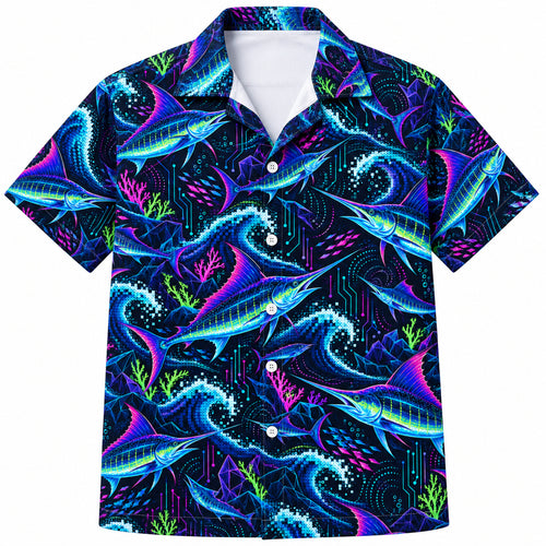 Neon Marlin Gridline Hawaiian Shirt